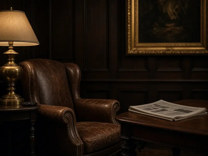 Illustration of a dark hotel writing room with brass lamp and leather chair