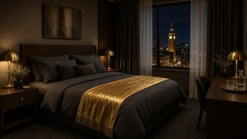Illustration of a dark hotel bedroom with brass lamp and night view
