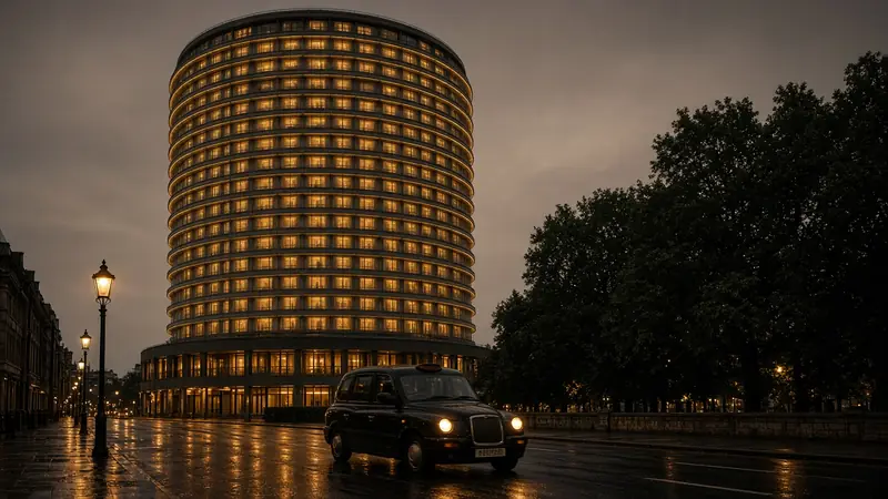 Illustration of a circular London hotel tower with warm window rings at dusk