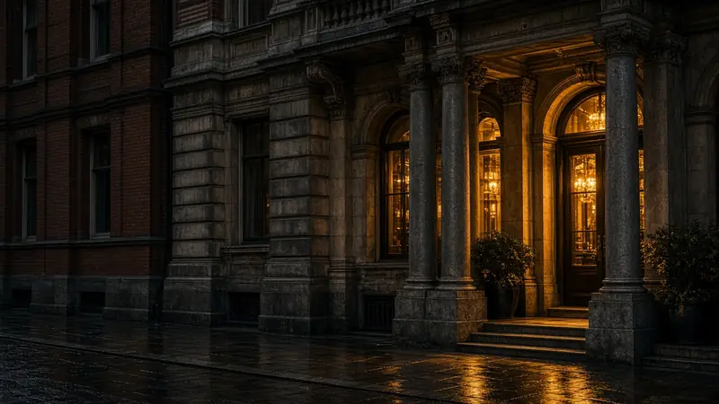 Illustration of a West End hotel corner at night with gold lobby light