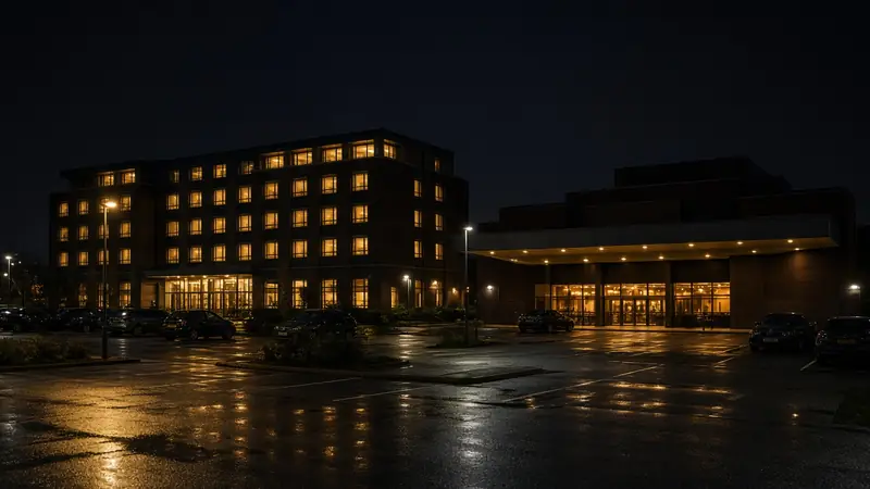 Illustration of a suburban UK leisure-park hotel at night